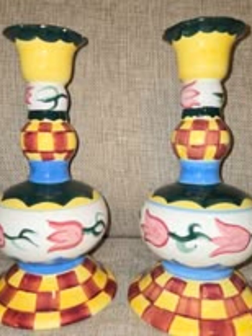 Whimsical Candlestick Holders hand-painted Ceramic Peggy Fairfax Harrick style